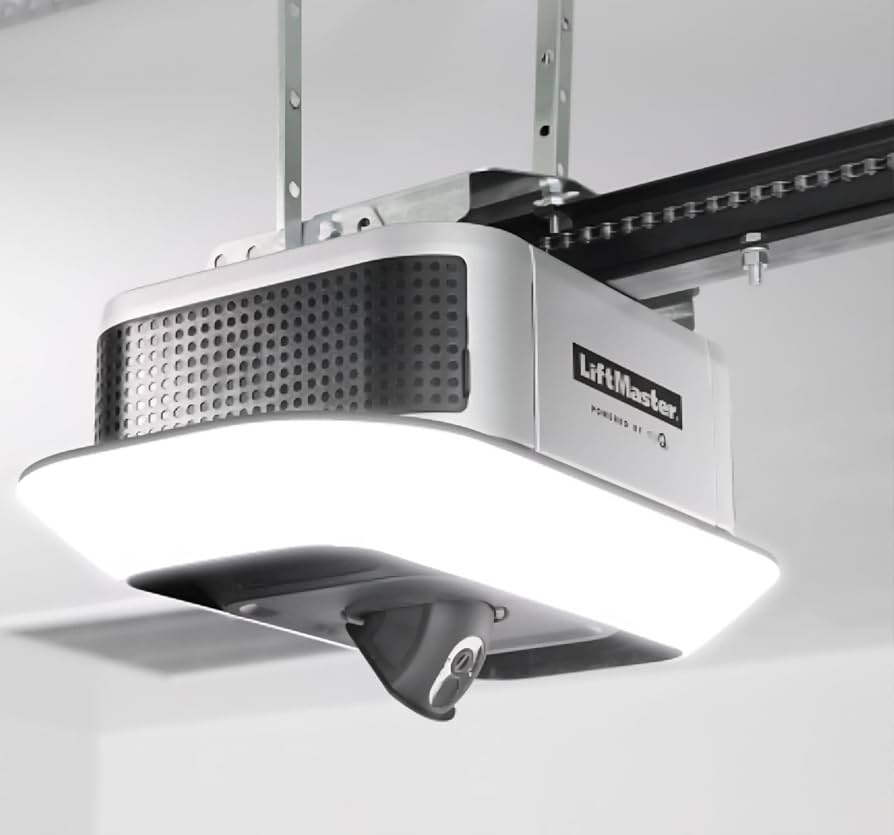 LiftMaster garage door opener with LED lighting, camera and visible rail